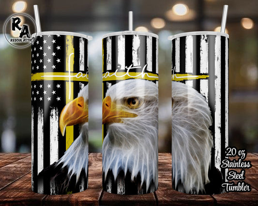 Bald Eagle Thin Yellow Line Faith Cross 20oz Skinny Tumbler