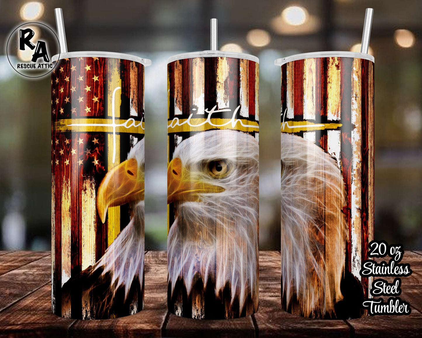 Bald Eagle Thin Gold Line Faith Cross 20oz Skinny Tumbler