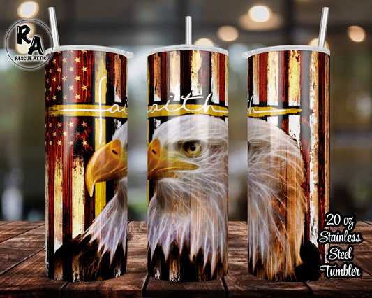 Bald Eagle Thin Gold Line Faith Cross 20oz Skinny Tumbler